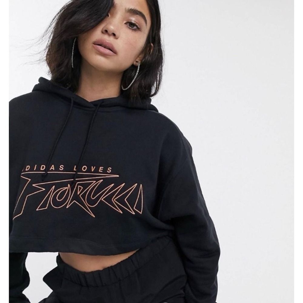Adidas Loves Fiorucci Cropped Hoodie Black Embroidered Streetwear US M Rare